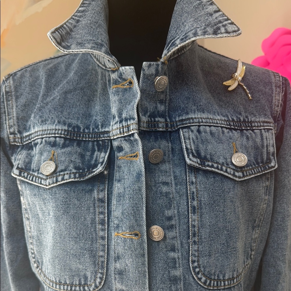 Denim Jacket with Lace Cotton Trim. Lion broach included. - Picture 11 of 14